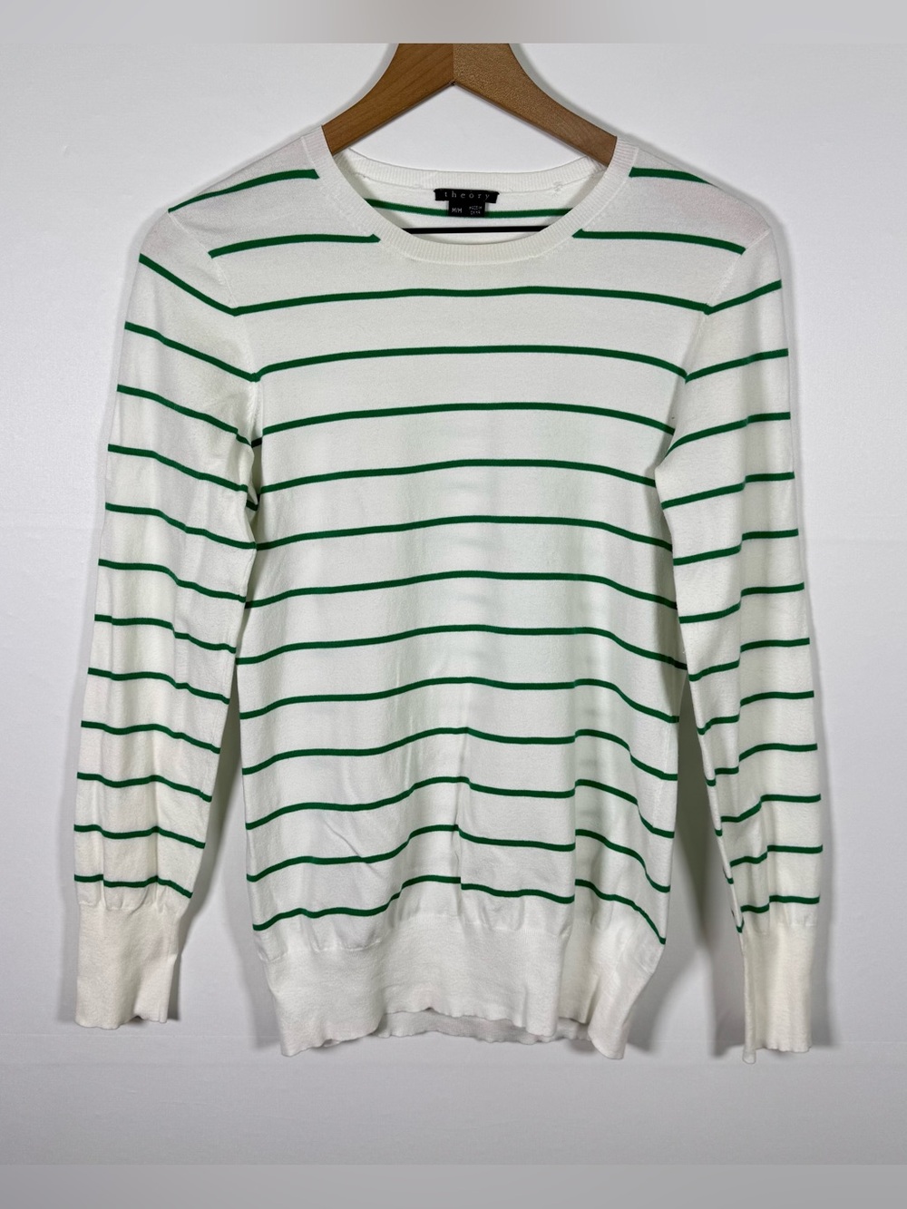 THEORY Women’s Kelly Green Pinstriped White Cotton Crew Neck Preppy Sweater Sz M